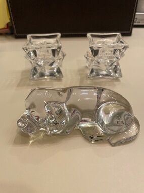 BUNDLE OF 3 ITEMS  2 Crystal Taper Candle Holders and Dog